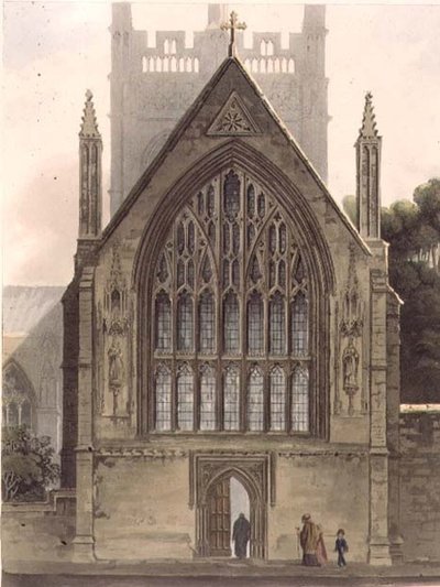 Exteriér Merton College, obrácený k severnímu oknu Ante kaple, ilustrace z 