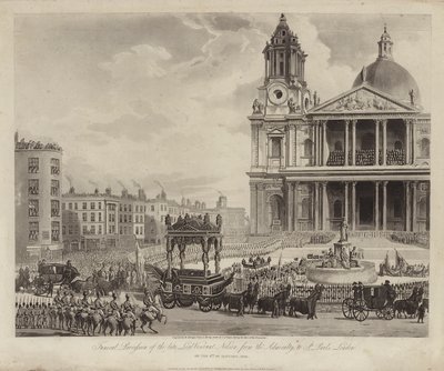 Smuteční průvod admirála Lorda Nelsona z admirality do katedrály svatého Pavla, City of London 9. ledna 1806 (rytina) od Augustus Charles (after) Pugin