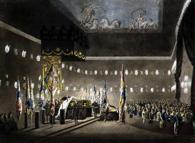 Pozůstatky lorda vikomta Nelsona ležící ve stavu v malované komoře v nemocnici Greenwich, vyryl J. Merigot, pub. 1806 (barevné rytí) od Augustus Charles (after) Pugin