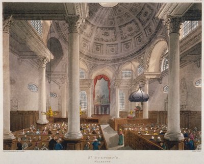 Interiér kostela svatého Stephena Walbrooka během bohoslužby, City of London, 1809 od Augustus Charles Pugin, Thomas Rowlandson