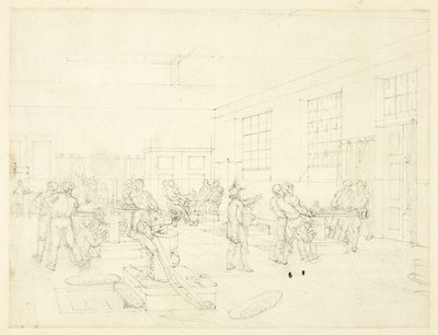 Studie k mincovně z mikrokosmu Londýna (recto); náčrtek nádvoří (verso) od Augustus Charles Pugin