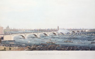 Otevření mostu Waterloo 18. června 1817, lept A. Pugin podle kresby W. Findlatera, vyryl R. Havell und Son, 1818 (barevná rytina) od Augustus Charles Pugin