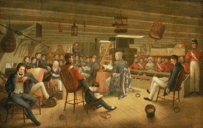 Bohoslužba, jak se obvykle slouží na palubě britské fregaty na moři. od Augustus Earle