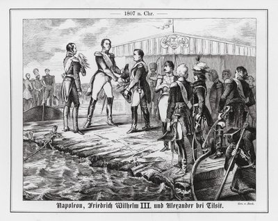 Setkání Napoleona, pruského krále Fridricha Viléma III. a ruského cara Alexandra I. v Tilsitu od Augustus J. Beck