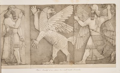 Basreliéfy u vchodu do malého chrámu (Nimroud), z Monuments of Niniveh, hospoda. 1849 od Austen Henry Layard