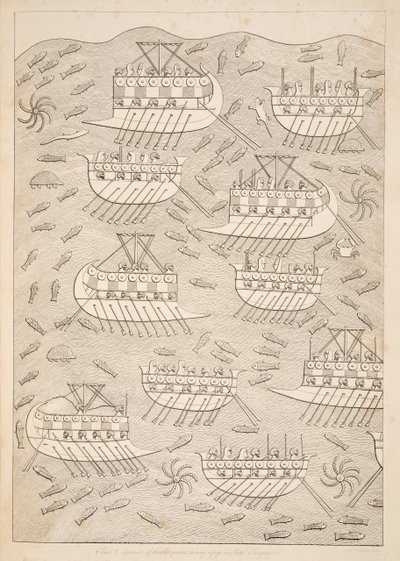 Nepřátelé Asyřanů ukrývající se na lodích (Kouyunlik), z Monuments of Niniveh, hospoda. 1849 od Austen Henry Layard