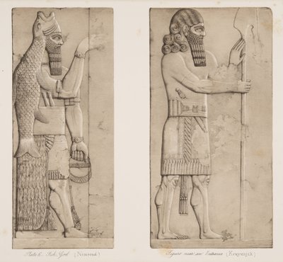 Rybí bůh (Nimroud) a postava u vchodu (Kouyunjik), z Monuments of Ninive, hospoda. 1849 od Austen Henry Layard