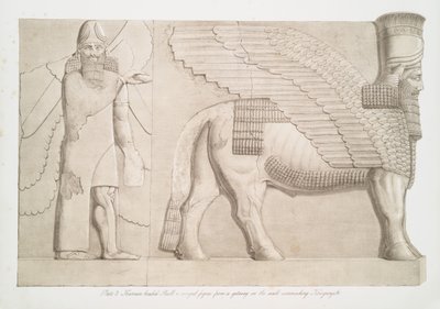 Býk s lidskou hlavou a okřídlená postava z brány ve zdi obklopující Kouyunjik [Quyunjik], 1853 od Austen Henry Layard