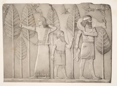 Lovci s gazelou, zajícem a ptáky (Khorsabad), z Monuments of Ninive, hospoda. 1849 od Austen Henry Layard