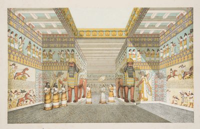 Rekonstrukce sálu asyrského paláce, z Památky Ninive, hospoda. 1849 (ručně kolorovaná rytina) od Austen Henry Layard