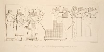 Král před obleženým hradem, beranidlo prorážející hradby, hospoda Monuments of Niniveh. 1849 od Austen Henry Layard