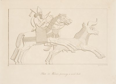 Válečník pronásleduje divokého býka, hospoda Monuments of Niniveh. 1849 od Austen Henry Layard