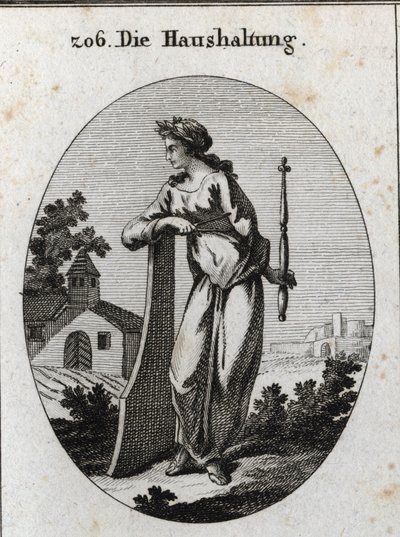 Alegorie ekonomie. Je korunován olivovou ratolestí symbolizující mír. Opírá se o kormidlo a drží žezlo a kompas, emblémy moci a přesné vlády. Rytina v „“ Iconologie oder Ideen aus dem Gebiete der Leidenschaften und Allego od Austrian School