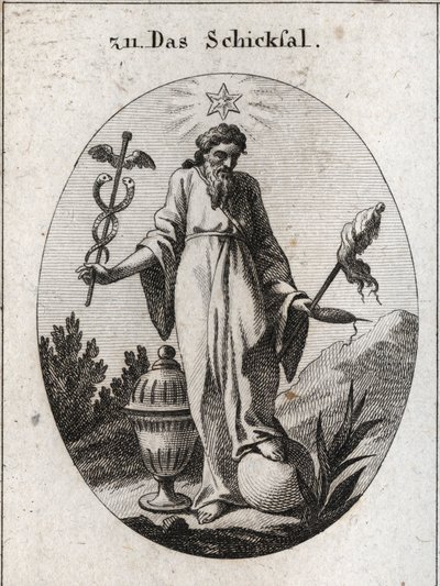 Alegorie osudu. Hvězda nad ní vysílá zprávy astrologie o příhodách lidského života. Na jedné ruce drží listnatý symbol své moci a na druhé symbol orobince a fiuseau, jehož přetržená nit naznačuje křehkost života. Země h od Austrian School