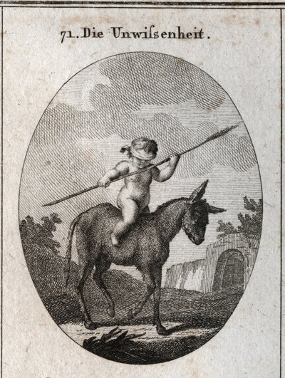 Alegorie nevědomosti představovaná dítětem jezdícím na oslu, jeho oči se svírají rákosovou hůlkou (symbolizující prázdný mozek). Rytina v ikonologii "" nebo myšlenky z oblasti pašijí a alegorií zobrazené pro kreslíře Mahlera od Austrian School