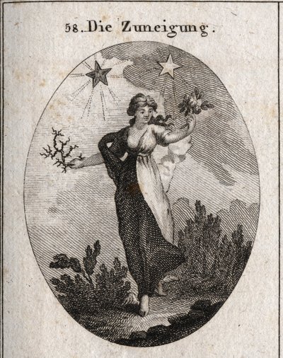 Alegorie sklonu. Drží kytici růží a kytici trní a při výběru vypadá nerozhodně. Za ní je jasná a prospěšná hvězda (ta Jupitera) a temná a škodlivá hvězda (ta Saturn). Rytina v „“ Iconologie oder Ideen od Austrian School
