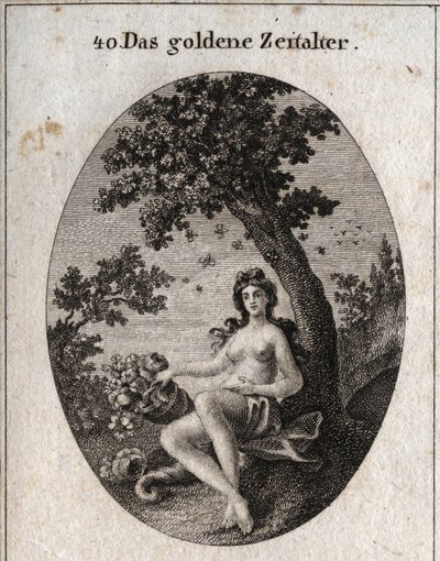 Alegorii zlatého věku představuje s rohem hojnosti ovoce, sedící vedle olivovníku, symbol míru, uprostřed kterého je roj včel. Rytí do „obrazové“ ikonologie nebo myšlenek z říší vášní a alegorií od Austrian School
