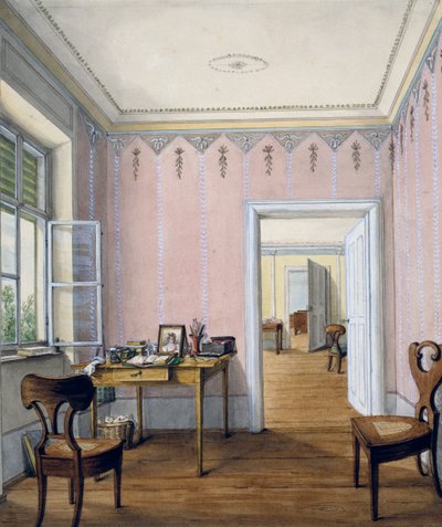 Interiér ve stylu biedermeieru, cca 1840, akvarel, Rakousko od Austrian School