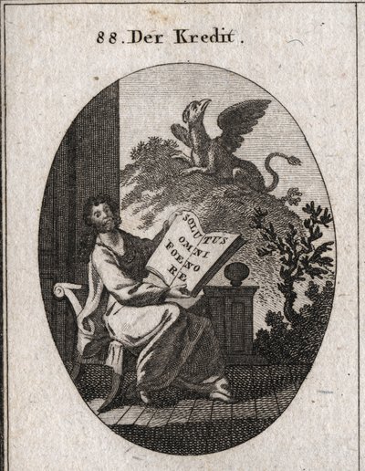 Kreditní alegorie držící knihu s nápisem „“Solutus omni foenore““ (Osvobození od výhry všech). V pozadí griffon symbol zachování a zachování tresorů. Rytina v „“ Iconologie oder Ideen aus dem Gebiete der Leiden od Austrian School