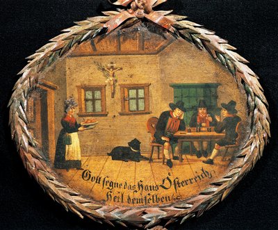 Zákazníci sedí u stolu v hostinci a servírka, oválný znak pro hostinec, Rakousko od Austrian School