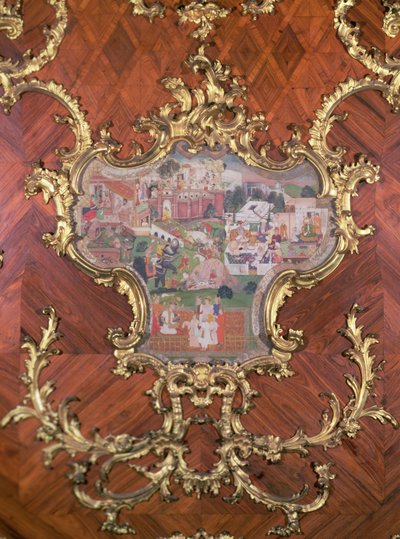 Detail obložení vykládané perskými miniaturami rozkošné zahrady s lidmi hodujícími z Millionen-Zimmer, navržený Nikolausem Pacassim (1716-99) (zlacené fíkové dřevo) od Austrian School