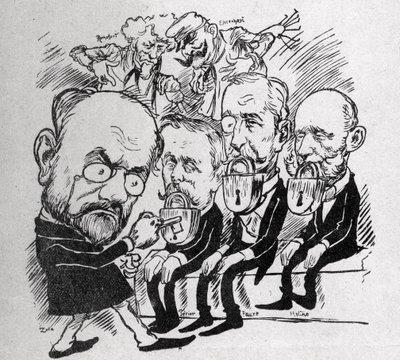 Emile Zola se pokouší odemknout zámky, které zavírají ústa prezidentů Jean Casimir-Perier (1847-1907) a Felixe Faureho (1841-1899), jakož i prezidenta Rady Julese Melinea (1838-1925), zatímco v pozadí, Henri Rochefort (1831-1913) řekl Com od Austrian School