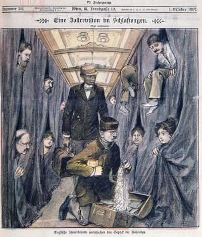 Angličtí celníci zkoumající zavazadla v lůžkovém voze od Austrian School