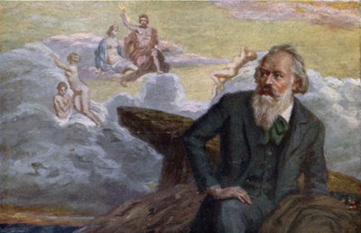 Pohlednice zobrazující Johannese Brahmse (1833-97) skládajícího svou 1. symfonii op.68, kolem roku 1900 od Austrian School