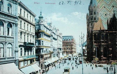 Pohlednice zobrazující náměstí svatého Štěpána a katedrálu svatého Štěpána ve Vídni od Austrian School