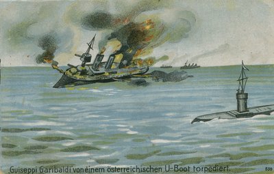 Potopení italského křižníku Giuseppe Garibaldi rakouskou ponorkou U-4, první světová válka, 18. července 1915 od Austrian School