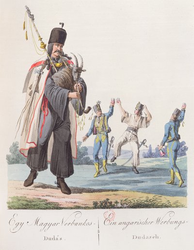 Vojáci maďarského pluku předvádějící náborový tanec, ilustrace z knihy Costumes de Hongrie, vydané ve Vídni, 1810 od Austrian School