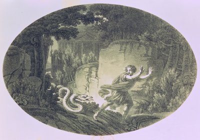 Tamino pronásledovaný obřím hadem, scéna I. dějství z „Kouzelné flétny“ od Wolfganga Amadea Mozarta (1756-91) (rytina) od Austrian School