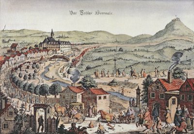 Pohled na sever Vídně se Schlos Hernals a kopci Kahlenberg v pozadí (rytina) od Austrian School