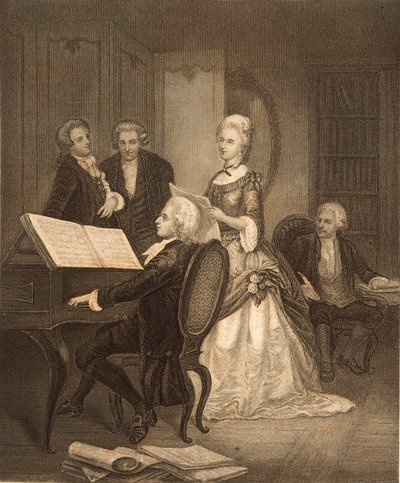 Wolfgang Amadeus Mozart doprovázející Caterinu Maddalenu Giuseppa (rytina) od Austrian School