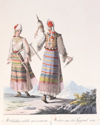 Ženy v tradičním oděvu regionu Mehadia, ilustrace z knihy Costumes de Hongrie od J.H. de Bikkesy, 1810 (barevná rytina) od Austrian School