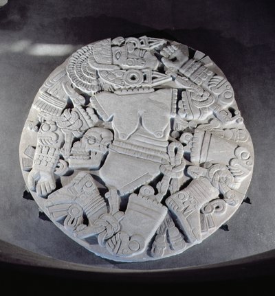 Řezba rozřezání bohyně měsíce Coyolxauhqui, nalezená na úpatí dvojité pyramidy v Tenochtitlanu, pozdní po klasické období (1300-1521) (viz také 97326) od Aztec