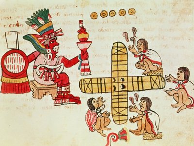 Hazardní hry Patoli a bůh Xochipilli z Codexu Magliabechiano (vellum) od Aztec