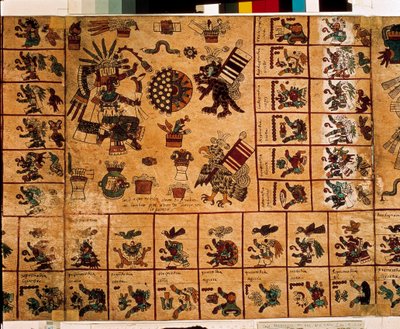Znázornění aztéckých božstev a polí odpovídající kalendáři. Strana aztéckého rukopisu na kůře „Codex Borbonicus“, předkolumbijského domorodého kodexu středního Mexika, konec 15. století. Knihovna Národního shromáždění (Palais Bourbon). od Aztec