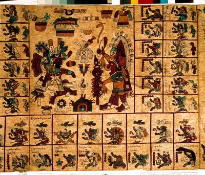 Znázornění aztéckých božstev a polí odpovídající kalendáři. Strana aztéckého rukopisu na kůře „Codex Borbonicus“, předkolumbijského domorodého kodexu středního Mexika, konec 15. století. Knihovna Národního shromáždění (Palais Bourbon). od Aztec