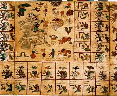 Znázornění aztéckých božstev a polí odpovídající kalendáři. Strana aztéckého rukopisu na kůře „Codex Borbonicus“, předkolumbijského domorodého kodexu středního Mexika, konec 15. století. Knihovna Národního shromáždění (Palais Bourbon). od Aztec