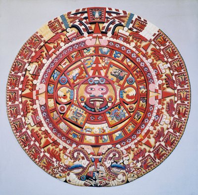 Předkolumbovská civilizace: aztécký kalendář (kámen slunce): disk představující aztécký kalendář a kosmogonii (Tonalpohualli) od Aztec Aztec