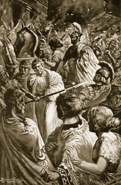 The Sack of Olynthus, 348 př.nl, ilustrace z „Hutchinsonových dějin národů“ od B. Granville (after) Baker