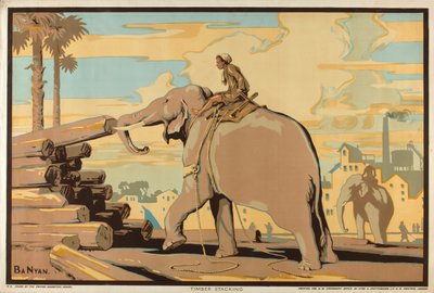 Timber Stacking, sarjasta "Burma: A Land of Rich Resources" (väri litho) od Ba Nyan