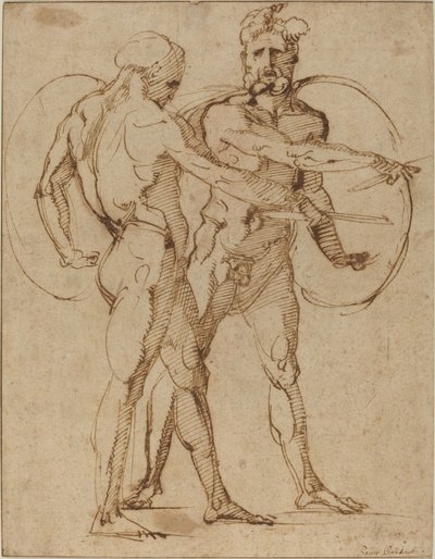 Dva mužské akty, cca 1520 (pero a hnědý inkoust na potištěném papíře) od Baccio Bandinelli