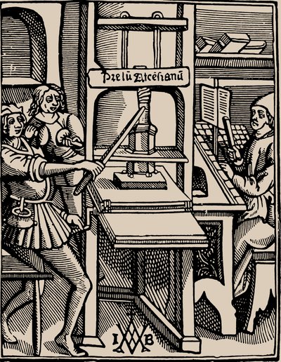 Prelum Ascensianum: zařízení tiskárny s tiskařským lisem v práci, 1508. od Badius