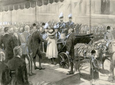 Král Eduard VII. a královna Alexandra - stánek londýnské hrabství na Trafalgarském náměstí, 24. října 1902 (akvarel na papíře) od Balliol (after) Salmon