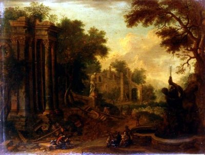 Zalesněná krajina s cestovateli odpočívajícími u klasických ruin (jeden z páru) od Balthasar (circle of) Beschey