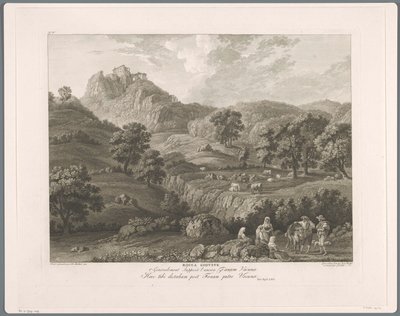Pohled na Roccagiovine Rocca Giovine (titul na objektu) Suite de VI vues des Environs de Rome (...) (název série) od Balthasar Anton Dunker