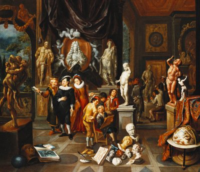 Elegantní pár navštěvující galerii soch s umělcem skicujícím a sochařem při práci, od Balthasar van den Bossche