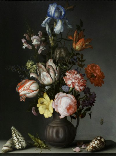 Květiny ve váze s mušlemi a hmyzem, kolem roku 1630 (olej na dubovém dřevě) od Balthasar van der Ast